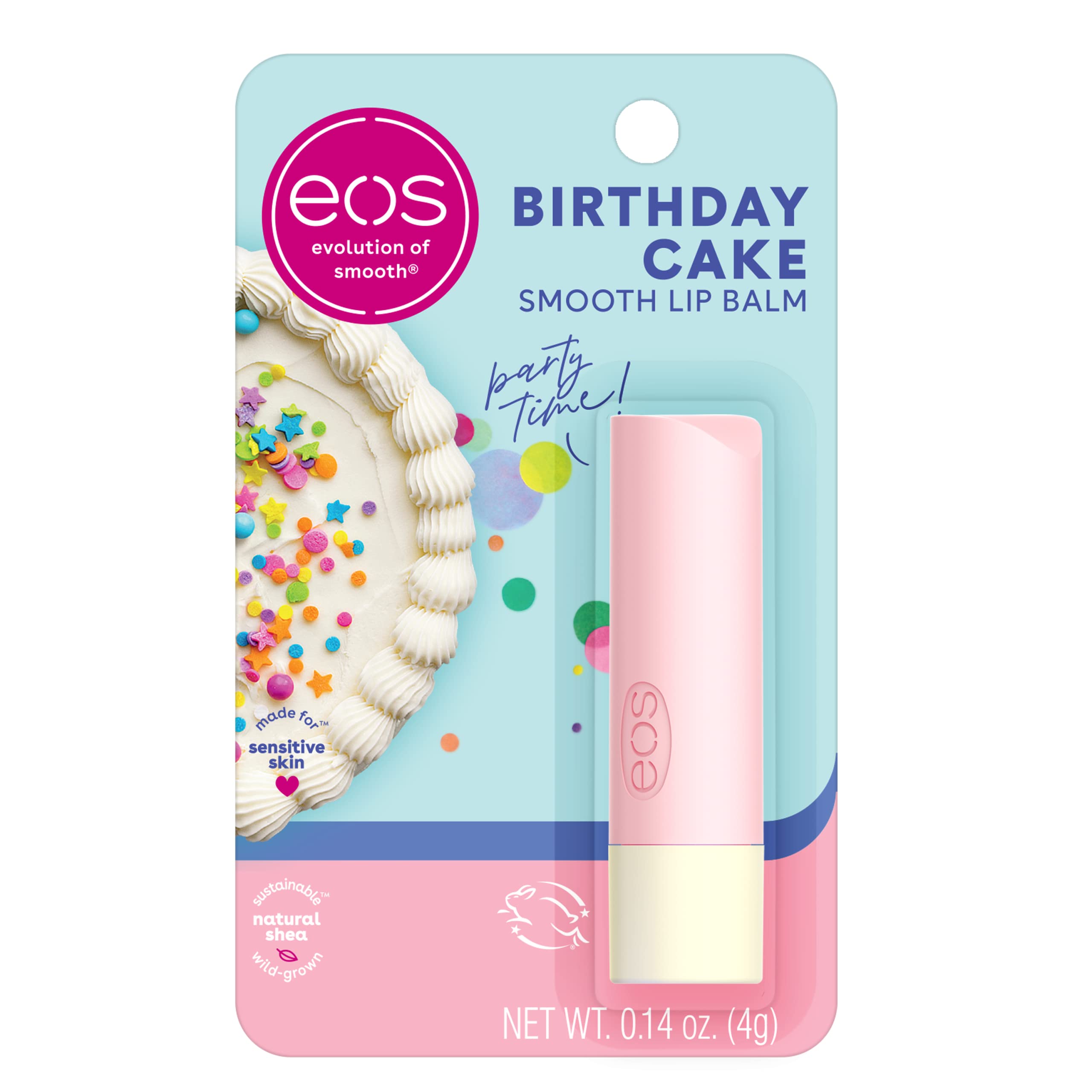 Bálsamo eos Natural Shea con sabor pastel de cumpleaños en envase, hidratación suave