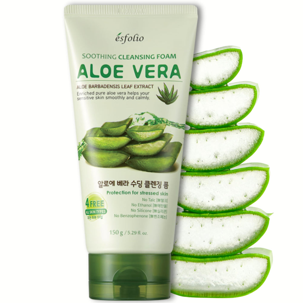 Esfolio botella de limpiador en espuma con Aloe Vera para piel sensible.