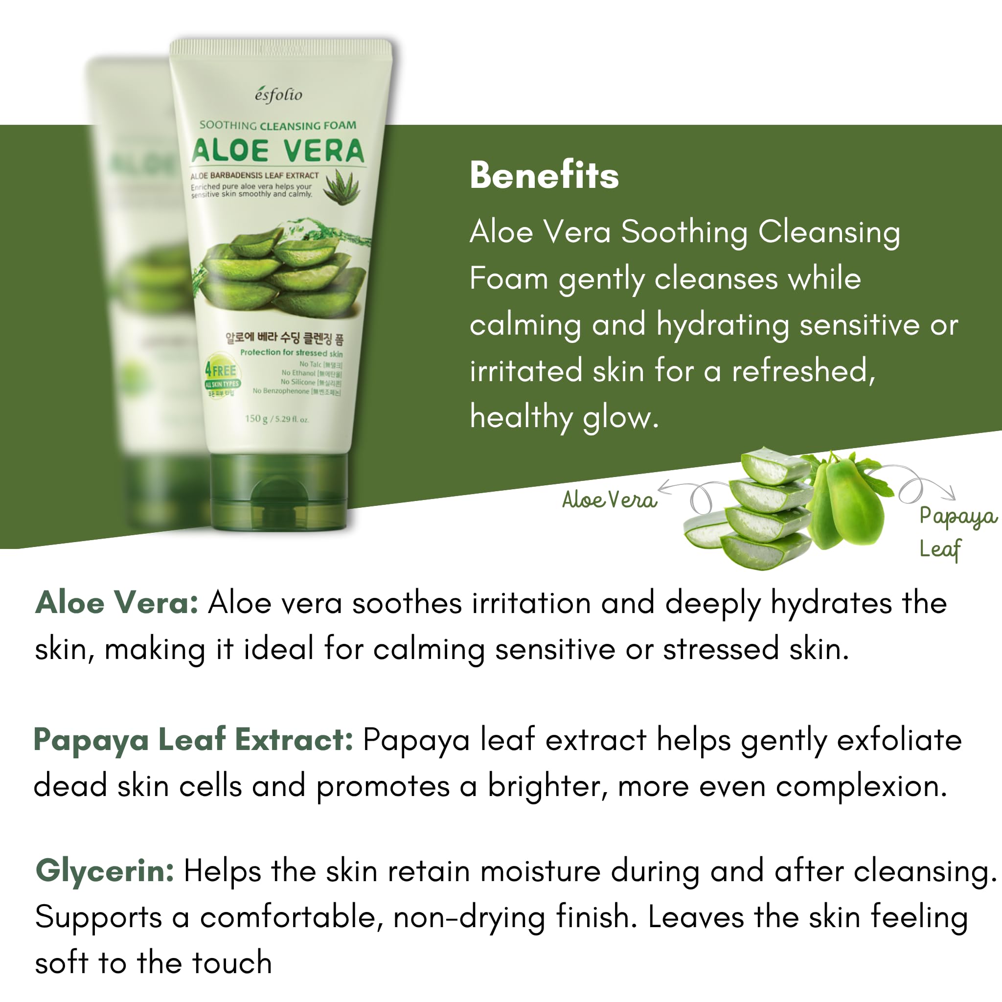 Esfolio limpieza de poros con espuma Aloe Vera para piel radiante.