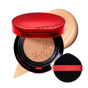Espoir Be Velvet Foundation en cojín 25-Tono, envase elegante para aplicación precisa.