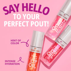 Textura hidratante de Essence Hydra Kiss Lip Oil suaviza labios secos.