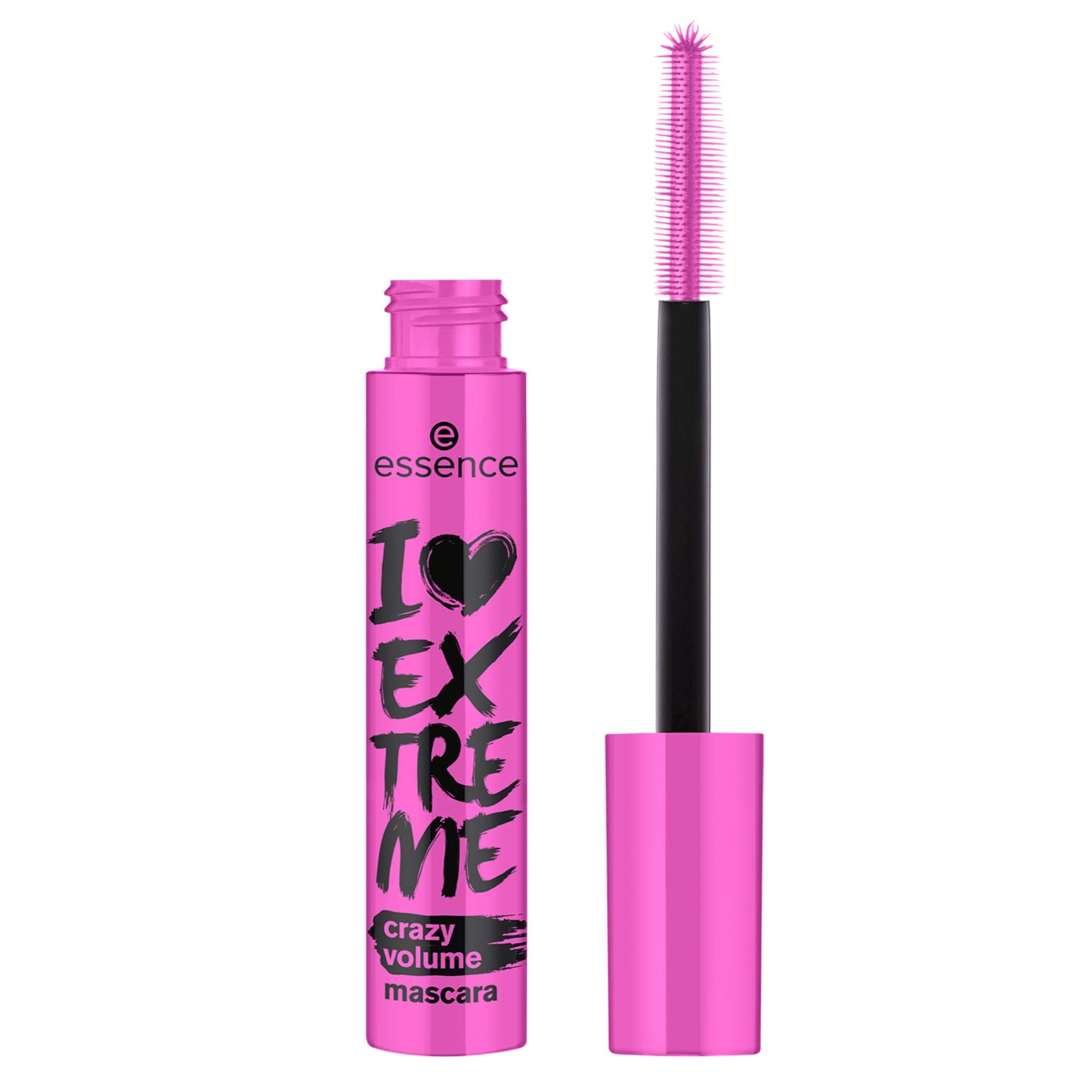essence I Love Extreme Crazy Volume Mascara, volumen extremo para pestañas largas y visibles.