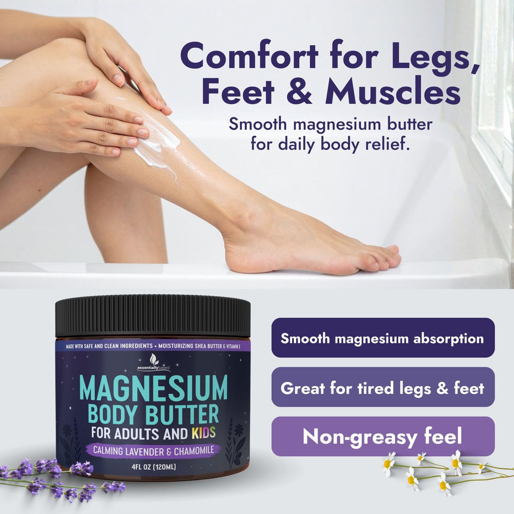 Essentiallybased mantequilla de magnesio con aromaterapia de lavanda y camomila.