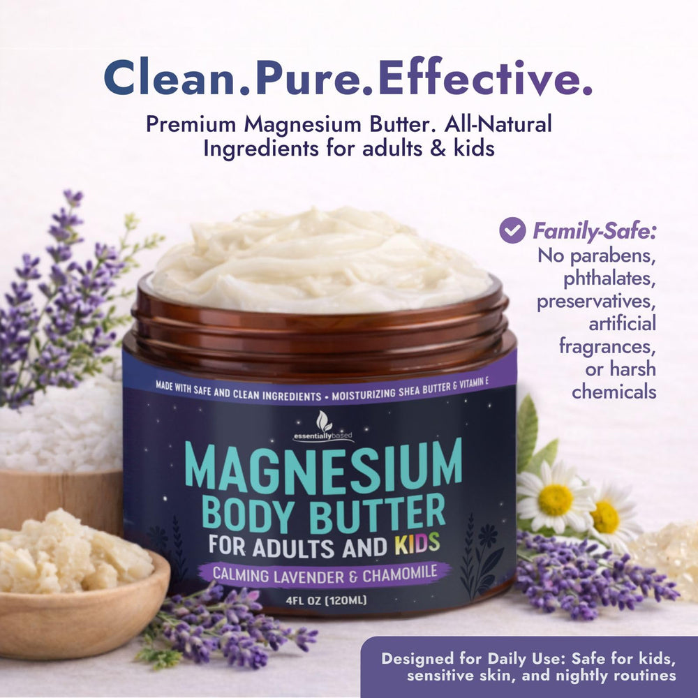 Essentiallybased mantequilla de magnesio para masaje muscular suave.