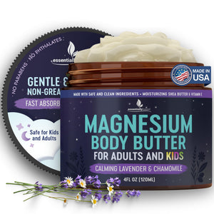Essentiallybased mantequilla de magnesio para dormir, promueve relajación nocturna.