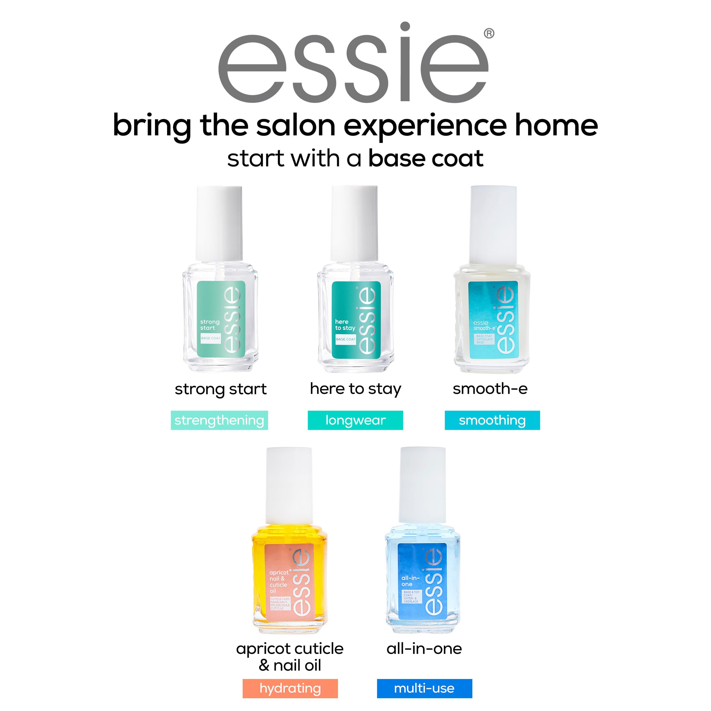 Aplicación suave de la base essie para un acabado uniforme.