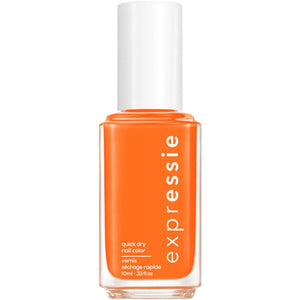 Esmalte essie Expressie en botella cercana, color naranja eléctrico de alta intensidad.