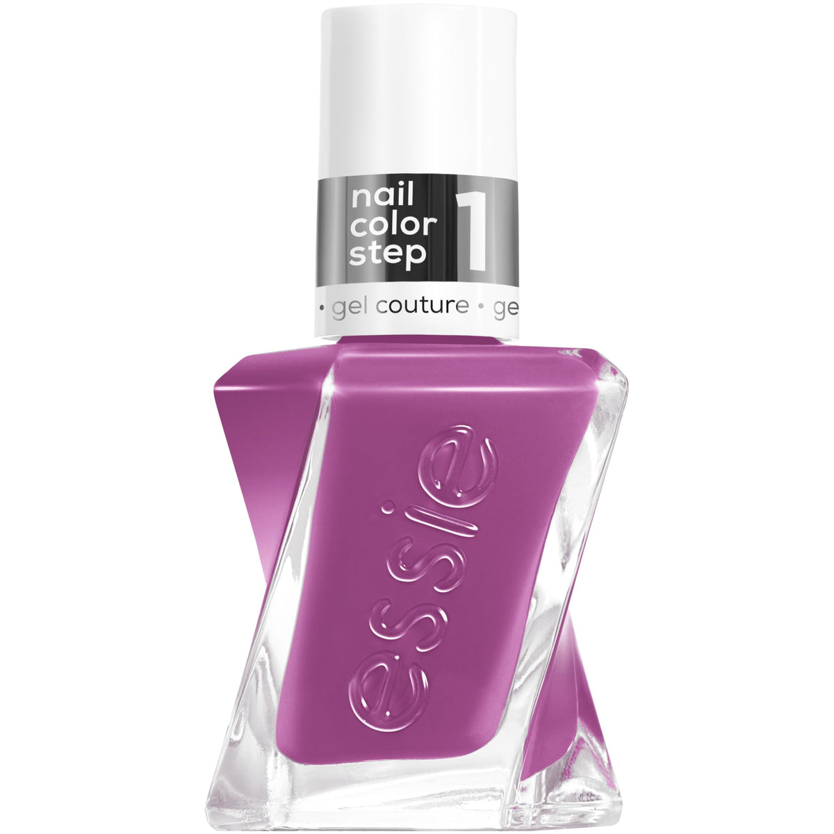 Botella essie Gel Couture en tono violeta, color duradero para uñas.