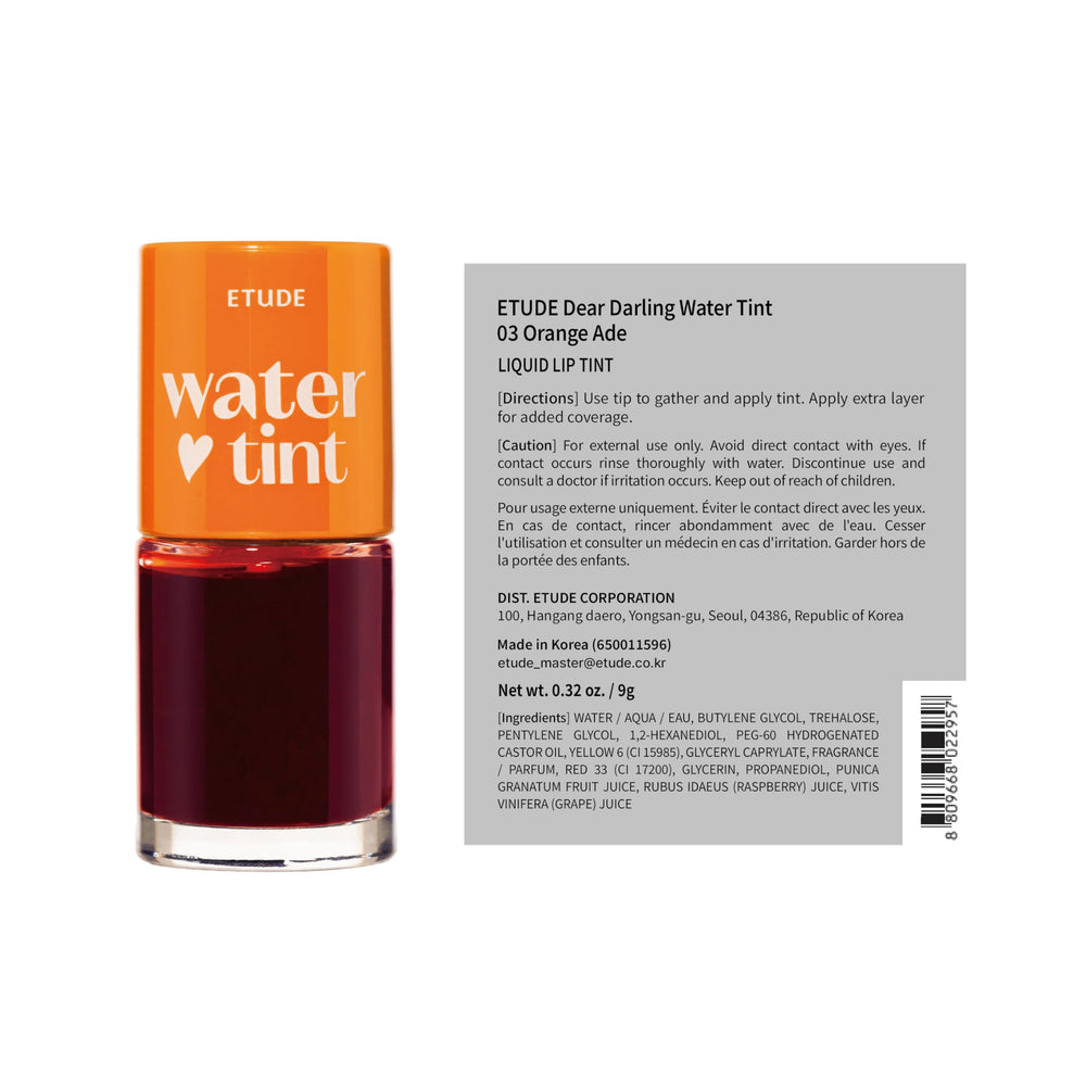 ETUDE Dear Darling Water Tint Naranja Ade, aplicación suave para uso diario y look natural.