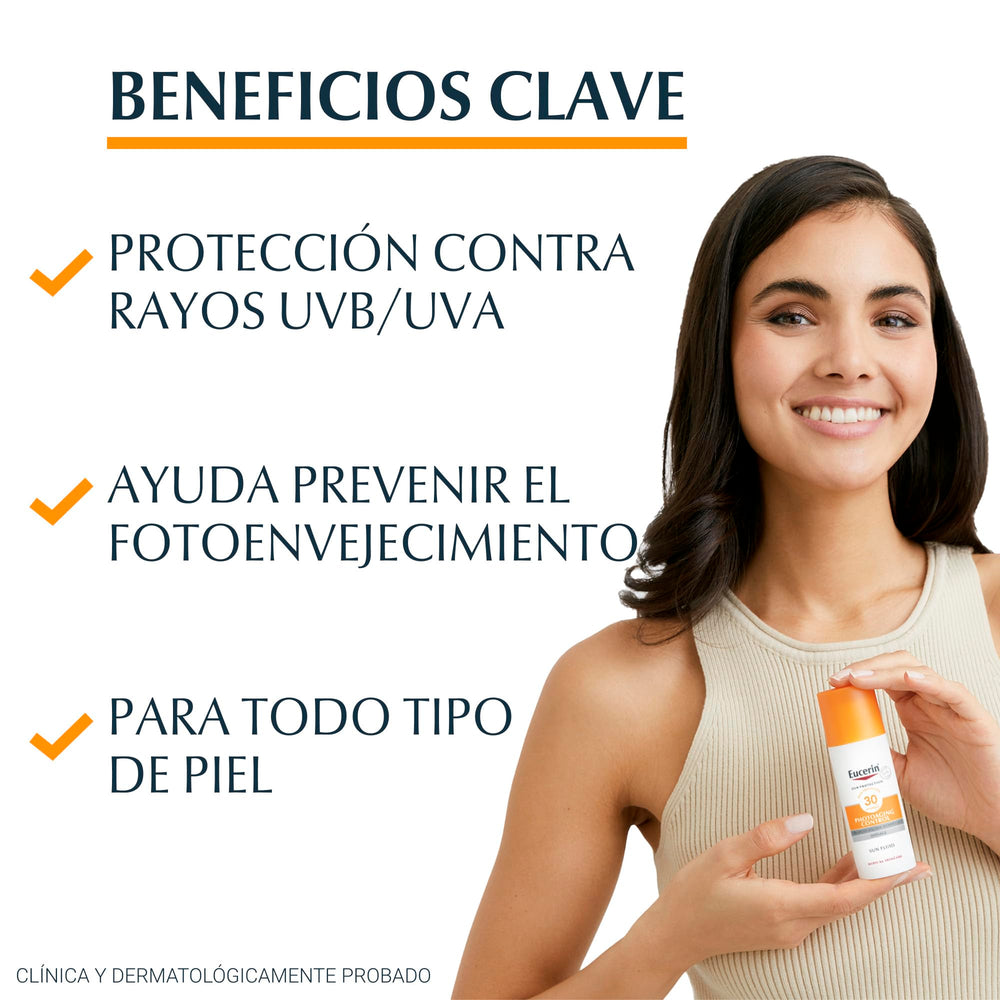 Protector solar rostro Eucerin, crema de textura ligera para absorción rápida.