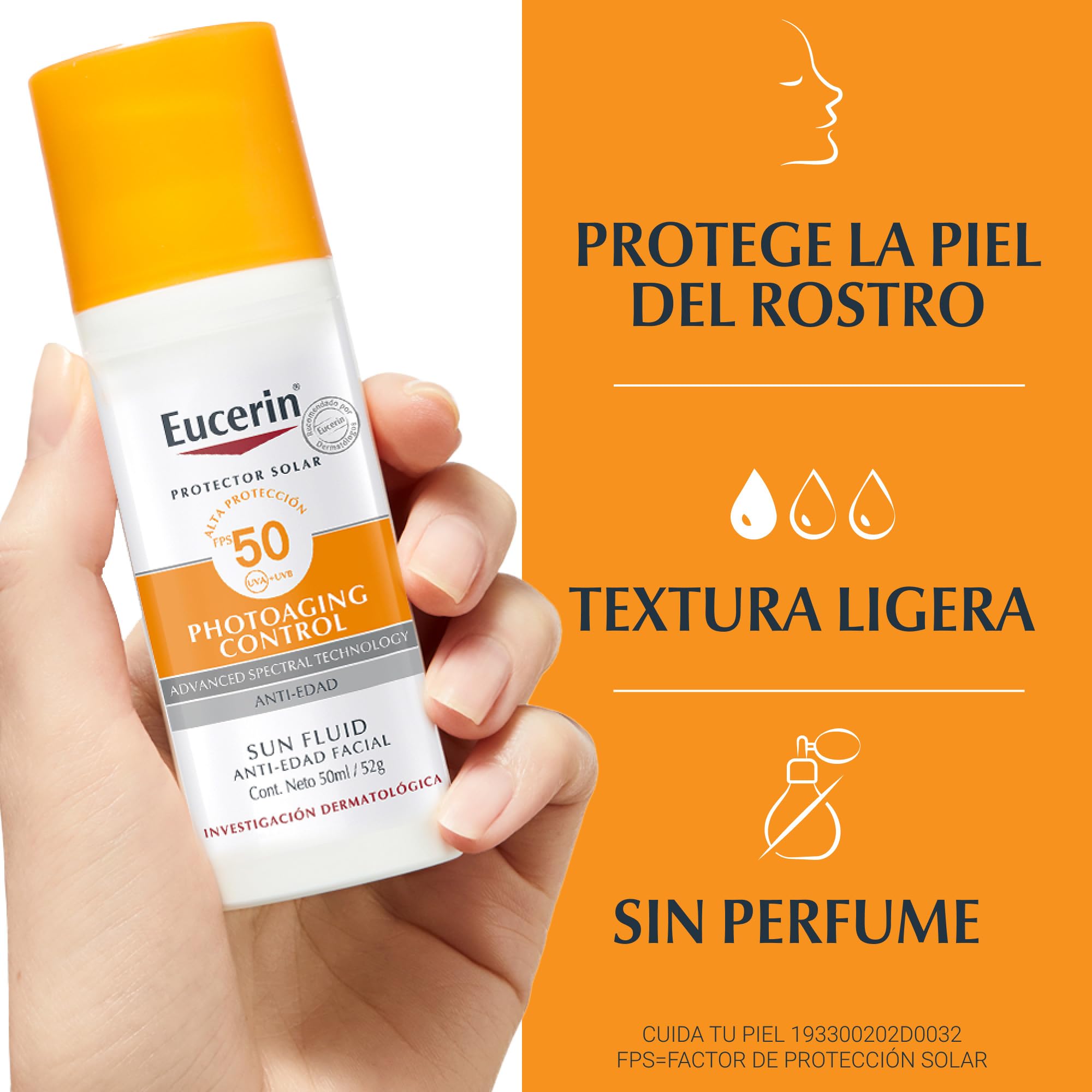 Protector solar Eucerin con ácido hialurónico, hidratación suave.