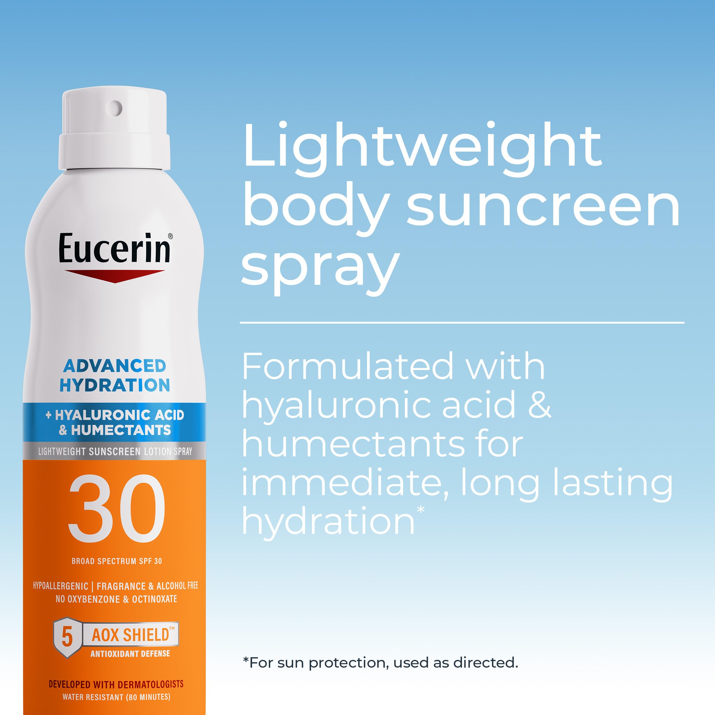 Protector solar Eucerin SPF30 en spray sin fragancia para piel sensible.