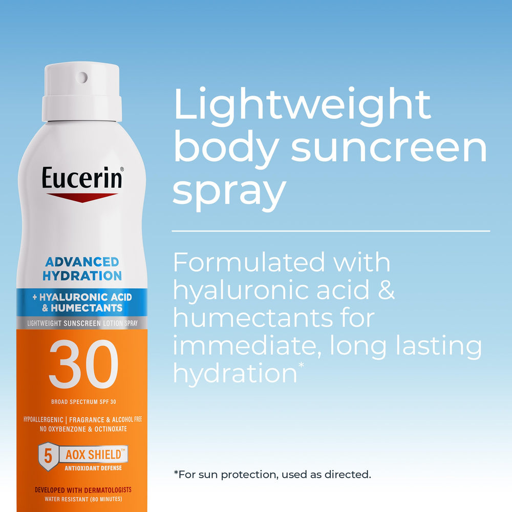 Protector solar Eucerin SPF30 en spray sin fragancia para piel sensible.