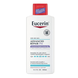 Eucerin Advanced Repair Night Lotion en botella, hidratación duradera de 48 horas para piel seca.