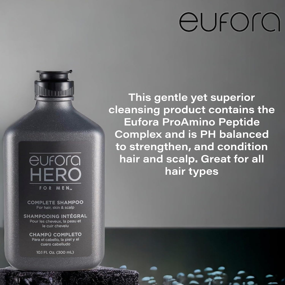 Cabello limpio y renovado tras usar Eufora Hero para Hombres.