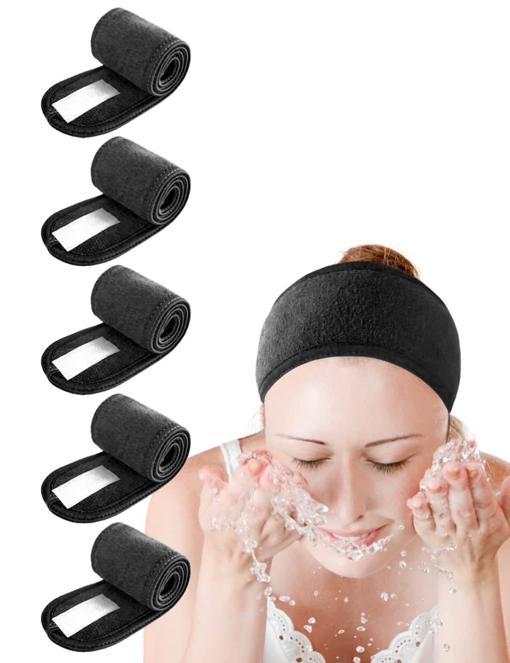 EUICAE Banda Spa negra ajustable para mantener el cabello recogido durante la limpieza facial.