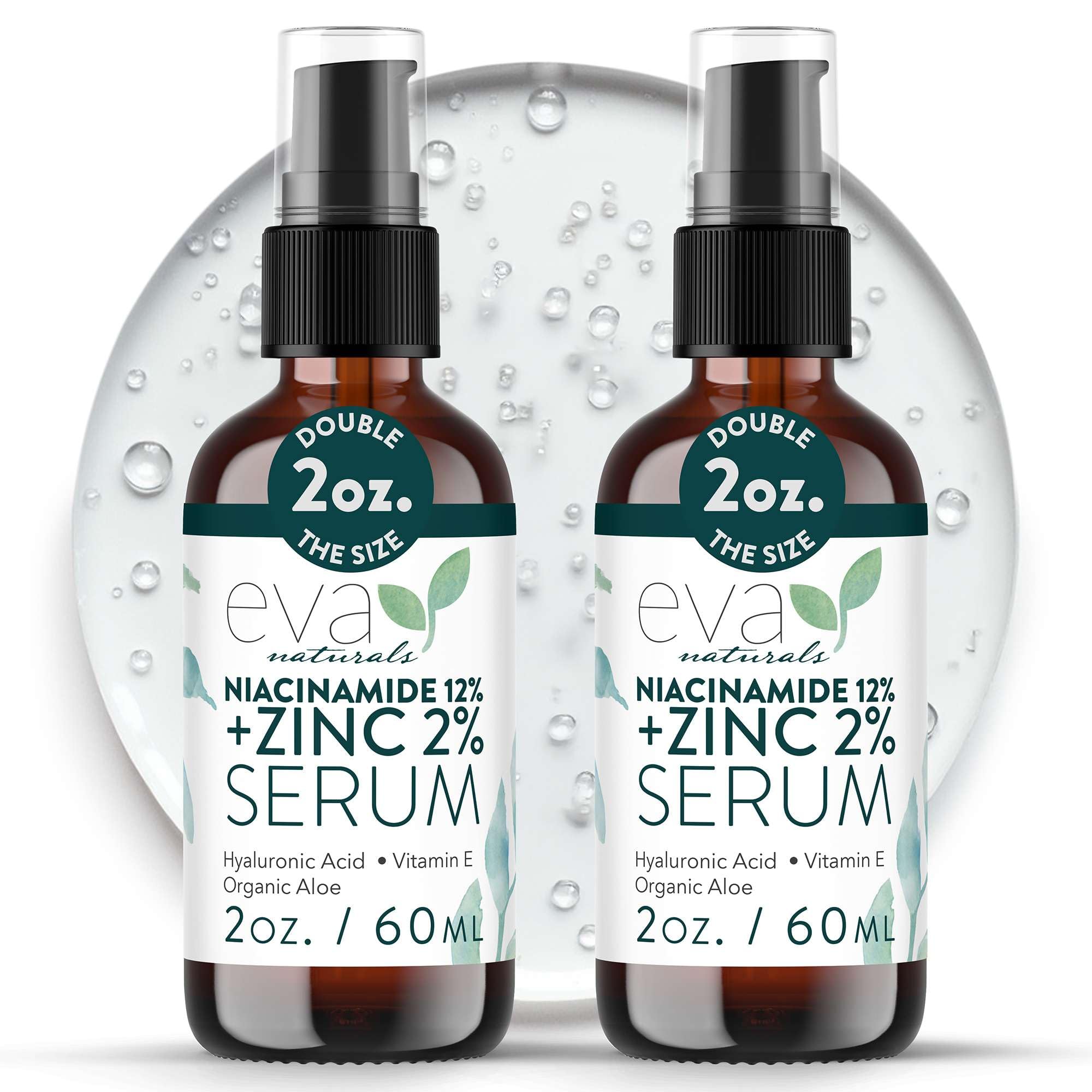 Eva Naturals Niacinamida 12% + Zinc, botella, equilibrio de brillo y textura suave