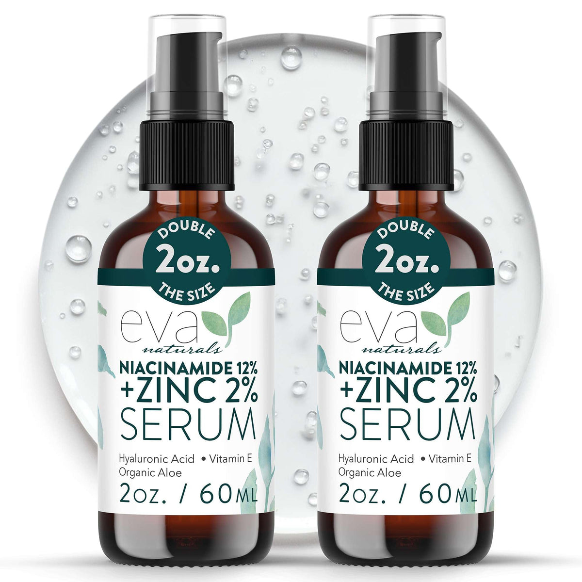 Eva Naturals Niacinamida 12% + Zinc, botella, equilibrio de brillo y textura suave