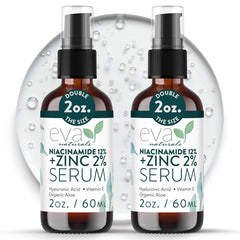 Eva Naturals Niacinamida 12% + Zinc, botella, equilibrio de brillo y textura suave