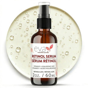 Sérum Eva Naturals con retinol e hialurónico en botella 2oz para suavizar la piel.