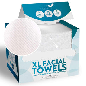 Eva Naturals: toallas faciales desechables XL 10x12 en empaque, higiene diaria.