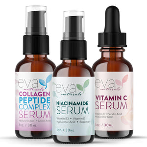 Eva Naturals Vitamina C Serum en botella, brillo y tono más uniforme.