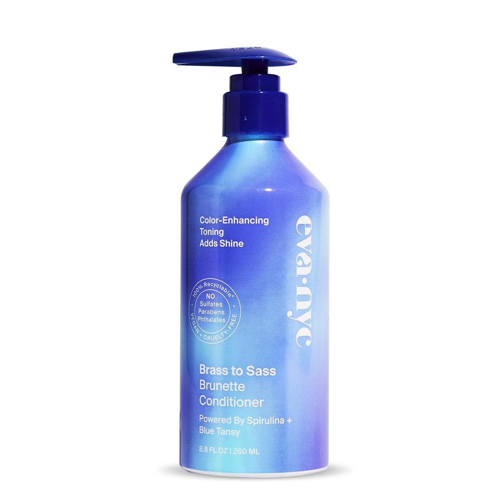 Champú Eva NYC para brunetas, botella azul que neutraliza tonos rojos indeseados