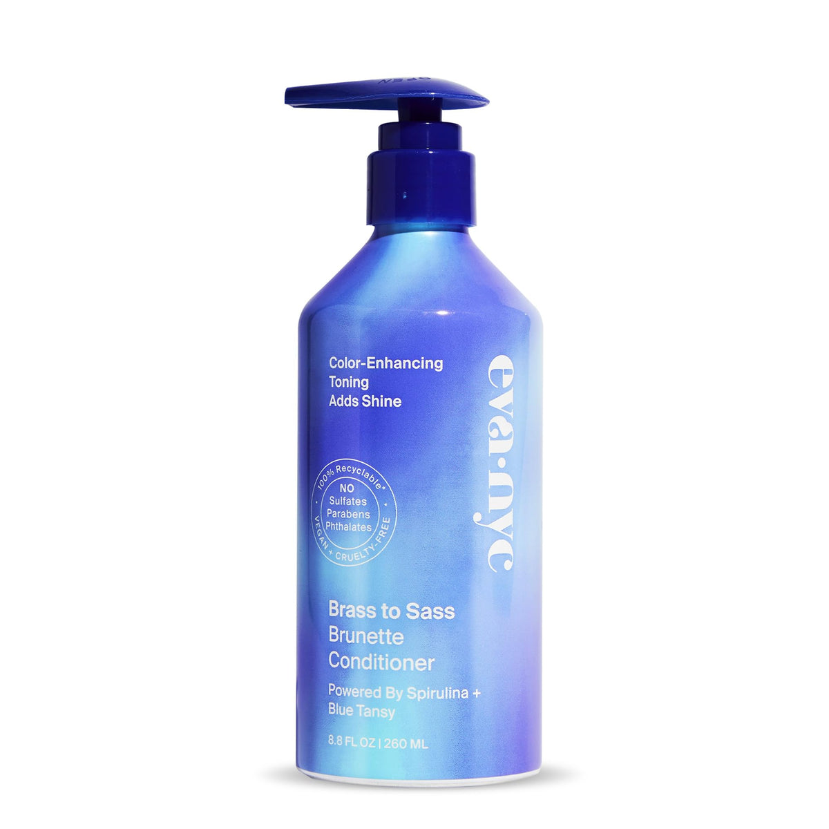 Champú Eva NYC para brunetas, botella azul que neutraliza tonos rojos indeseados