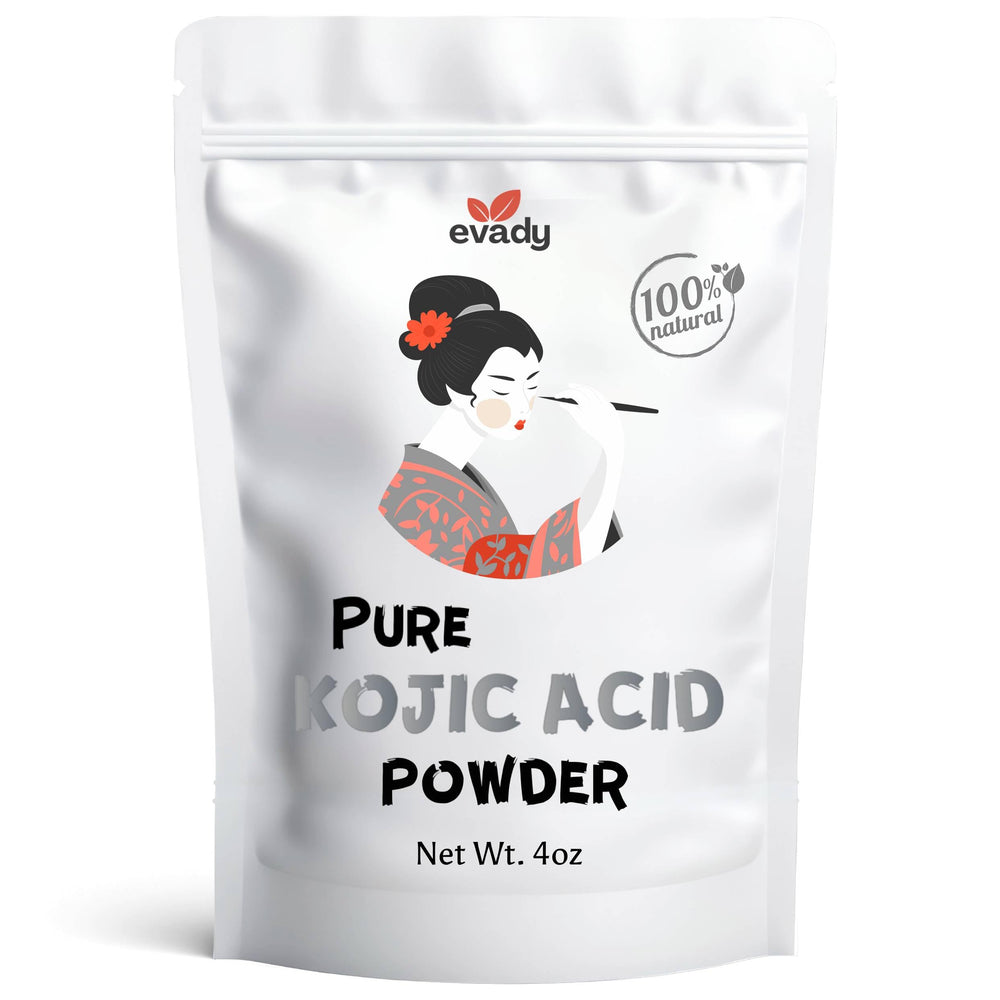 EVADY polvo de acido kojico 4oz en empaque, facilita la dosificación para cosméticos