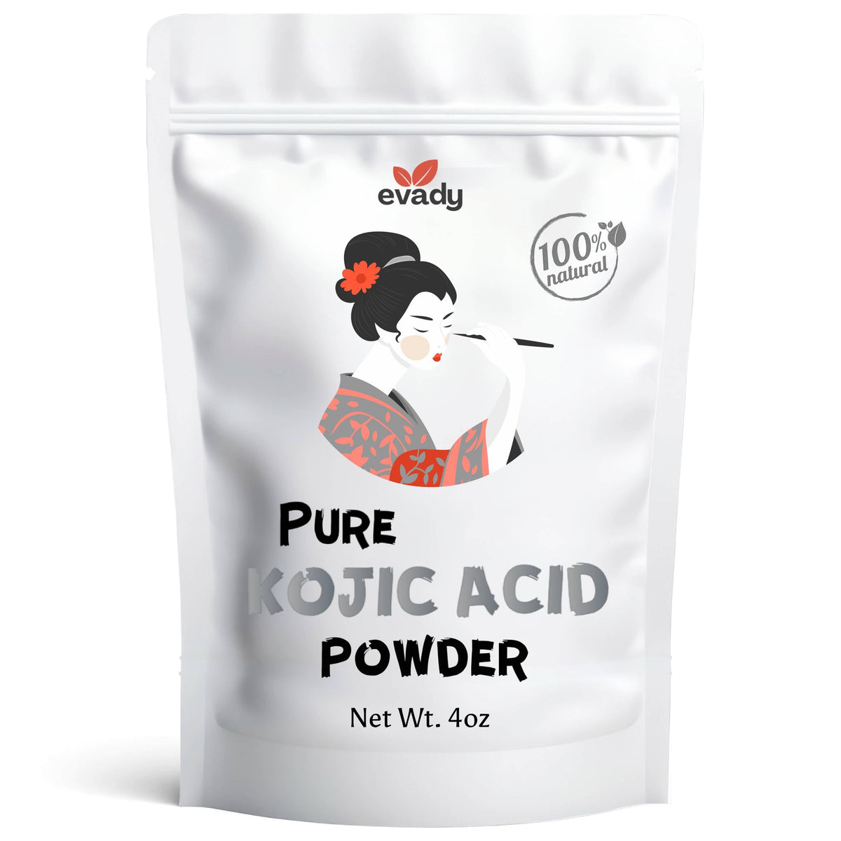 EVADY polvo de acido kojico 4oz en empaque, facilita la dosificación para cosméticos