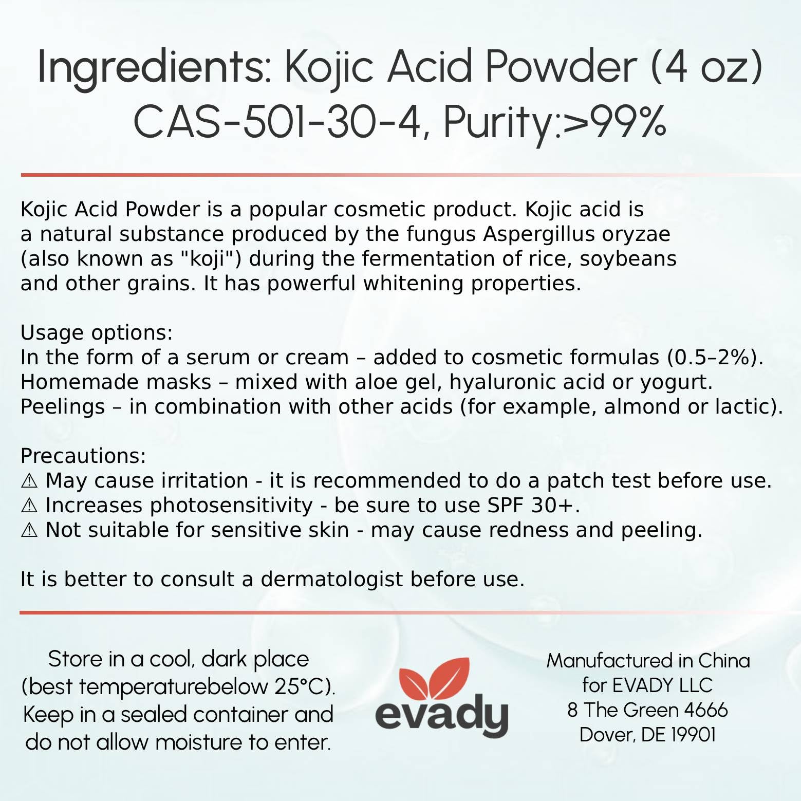 EVADY polvo acido kojico 4oz para almacenamiento seguro y uso prolongado