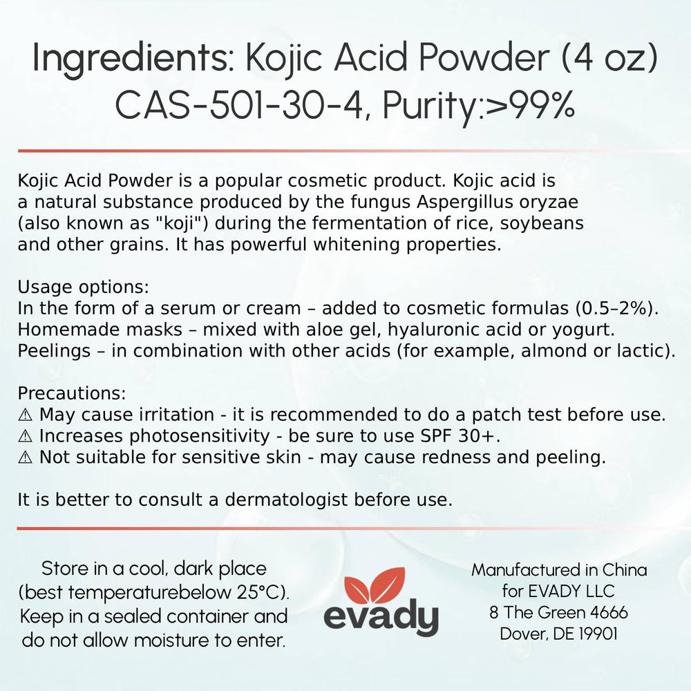 EVADY polvo acido kojico 4oz para almacenamiento seguro y uso prolongado