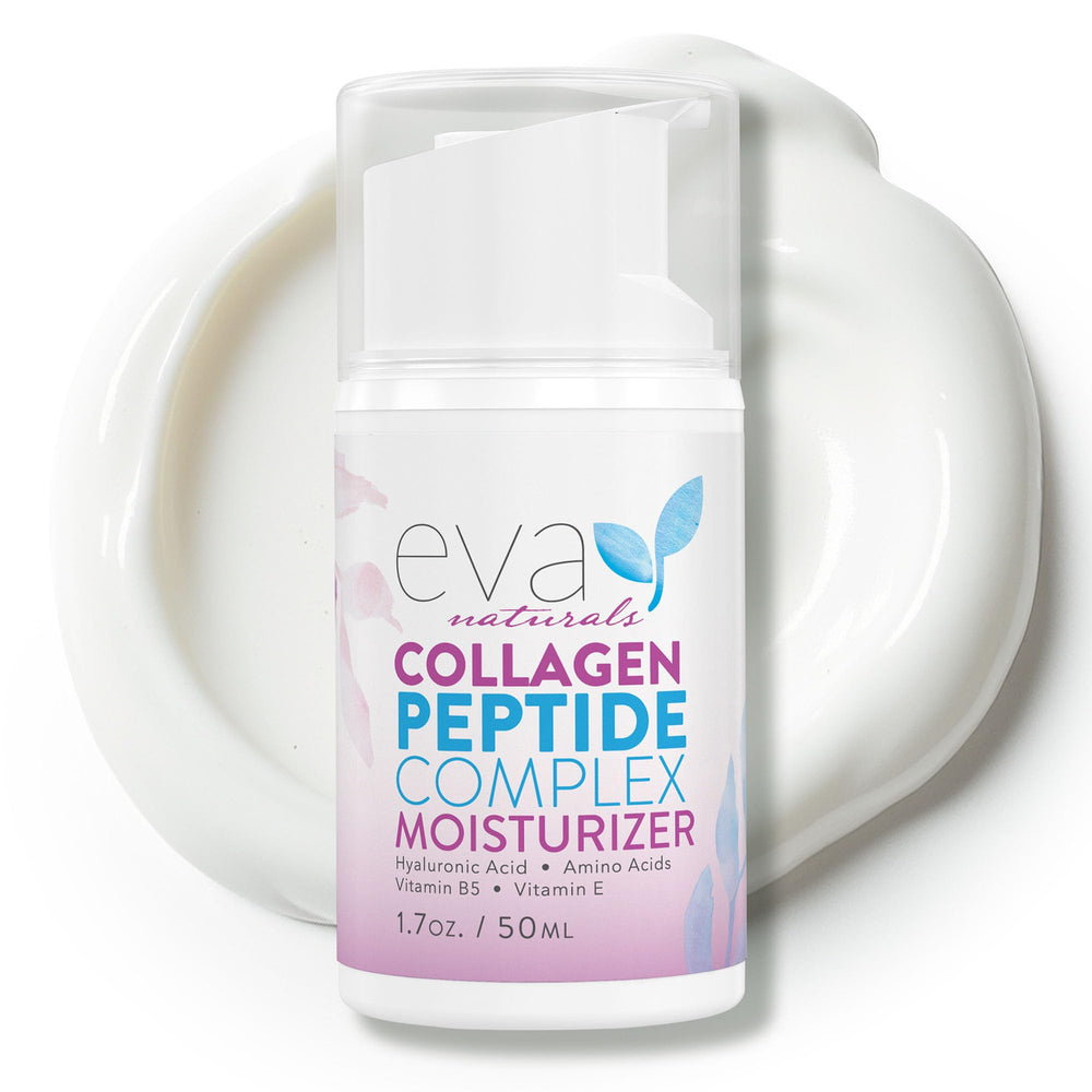 Eva Naturals crema de péptidos de colágeno en frasco, hidratación profunda para la piel.