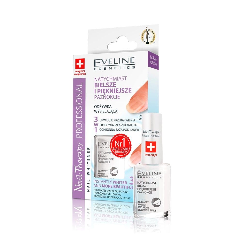 Envase de Eveline 3 en 1 blanqueador de uñas, protección base inicial