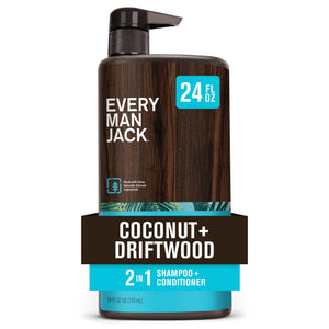 Every Man Jack Coco Madera Flotante: botella frontal con aroma tropical para cabello suave.