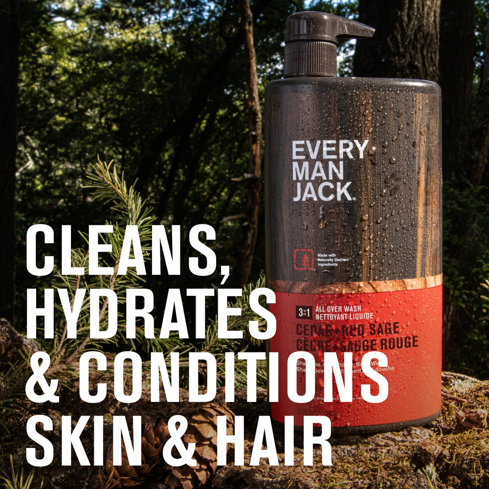 Every Man Jack Cedar + Red Sage, etiqueta clara para identificar aroma y uso.