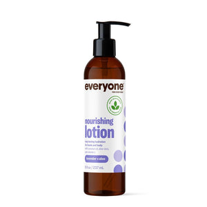 Loción Everyone Lavanda Aloe en botella, hidratación suave para la piel.