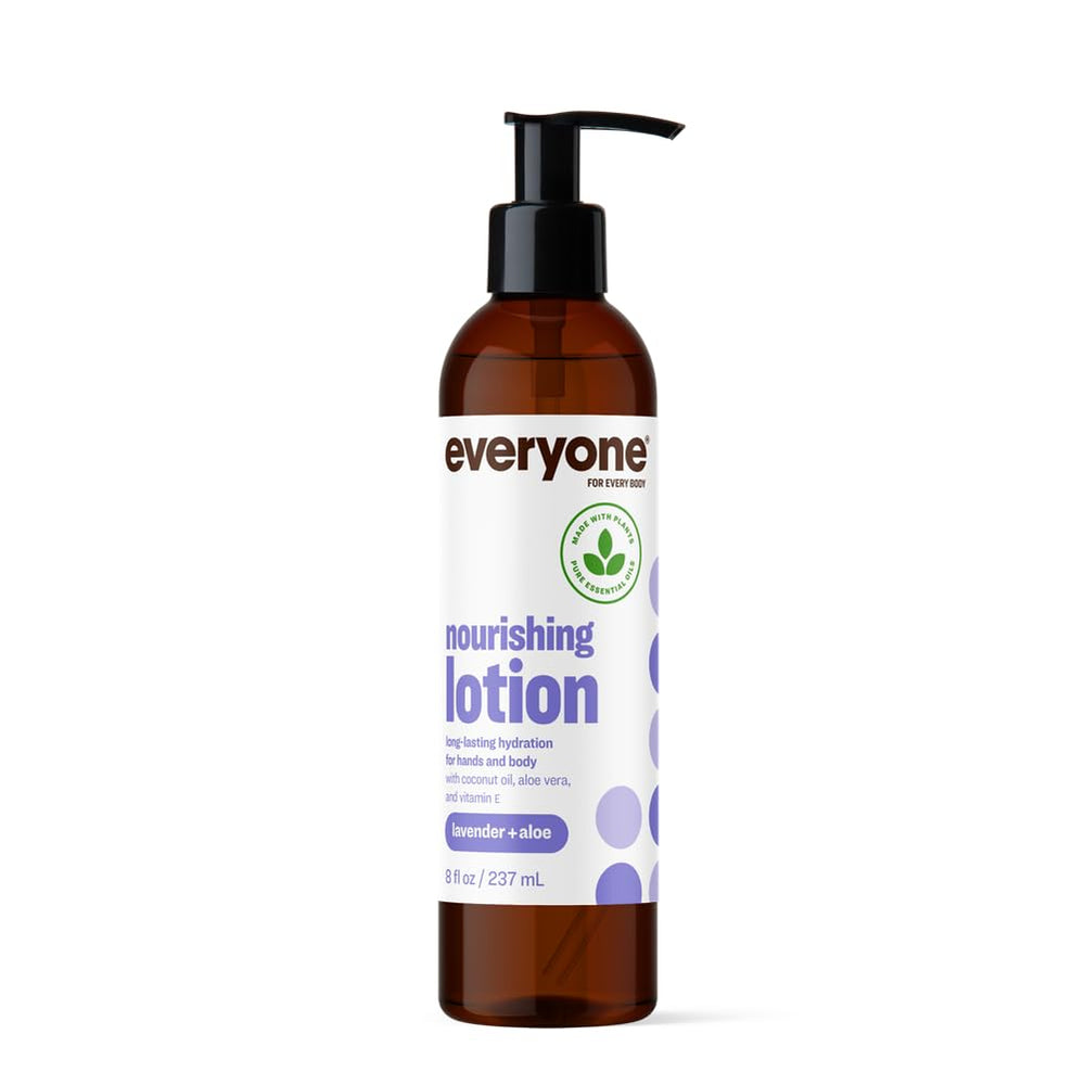 Loción Everyone Lavanda Aloe en botella, hidratación suave para la piel.