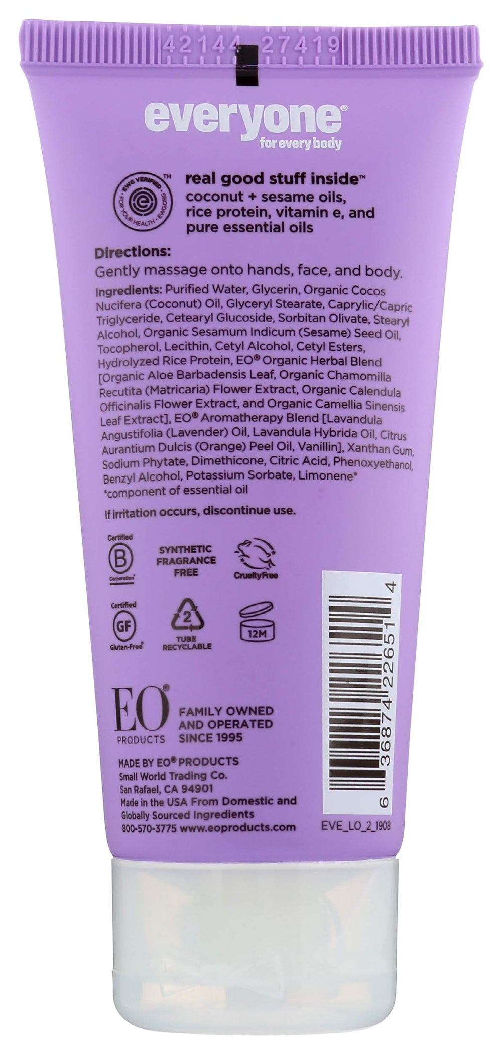 Everyone 2en1 Loción Vanilla Lavanda: aplicación suave en manos y cuerpo.