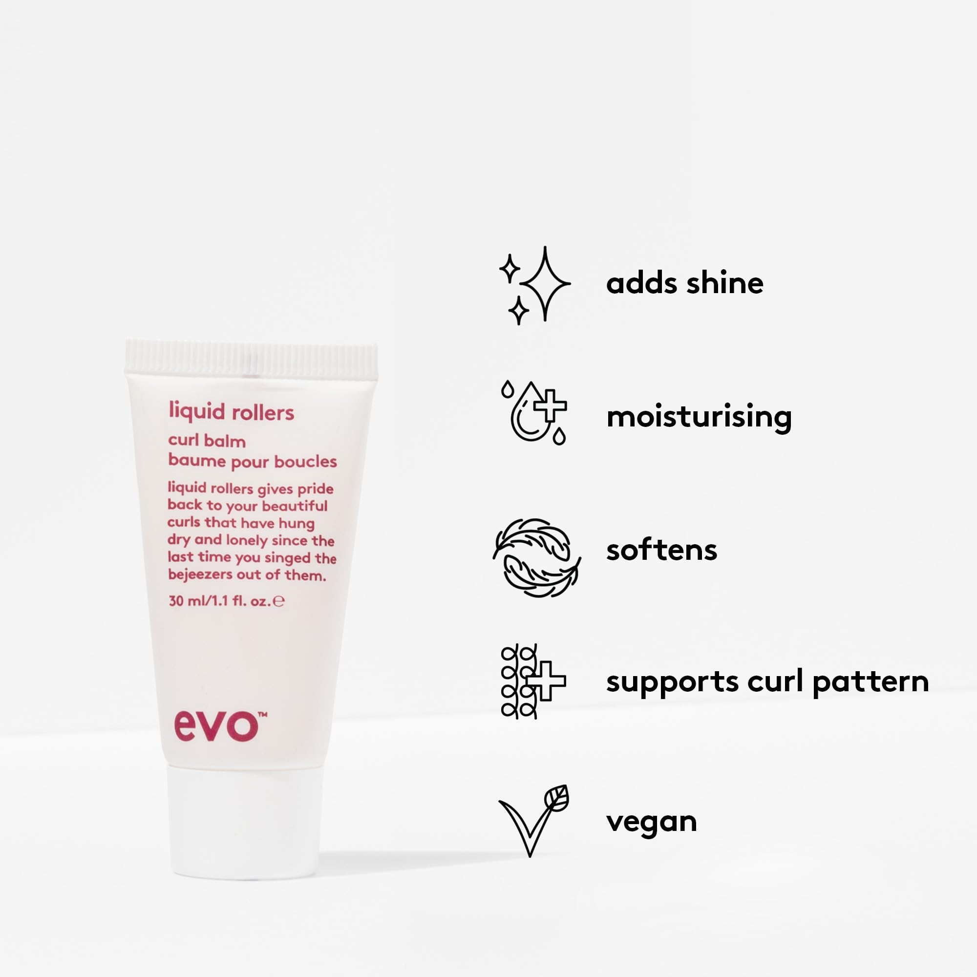 EVO Liquid Rollers Balm aplicación sin enjuague facilita peinado rápido y cómodo.