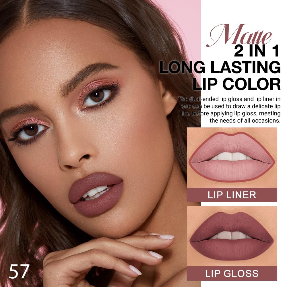 Evpct labial líquido rojo-marrón mate, aplicador suave para color intenso y uniforme.