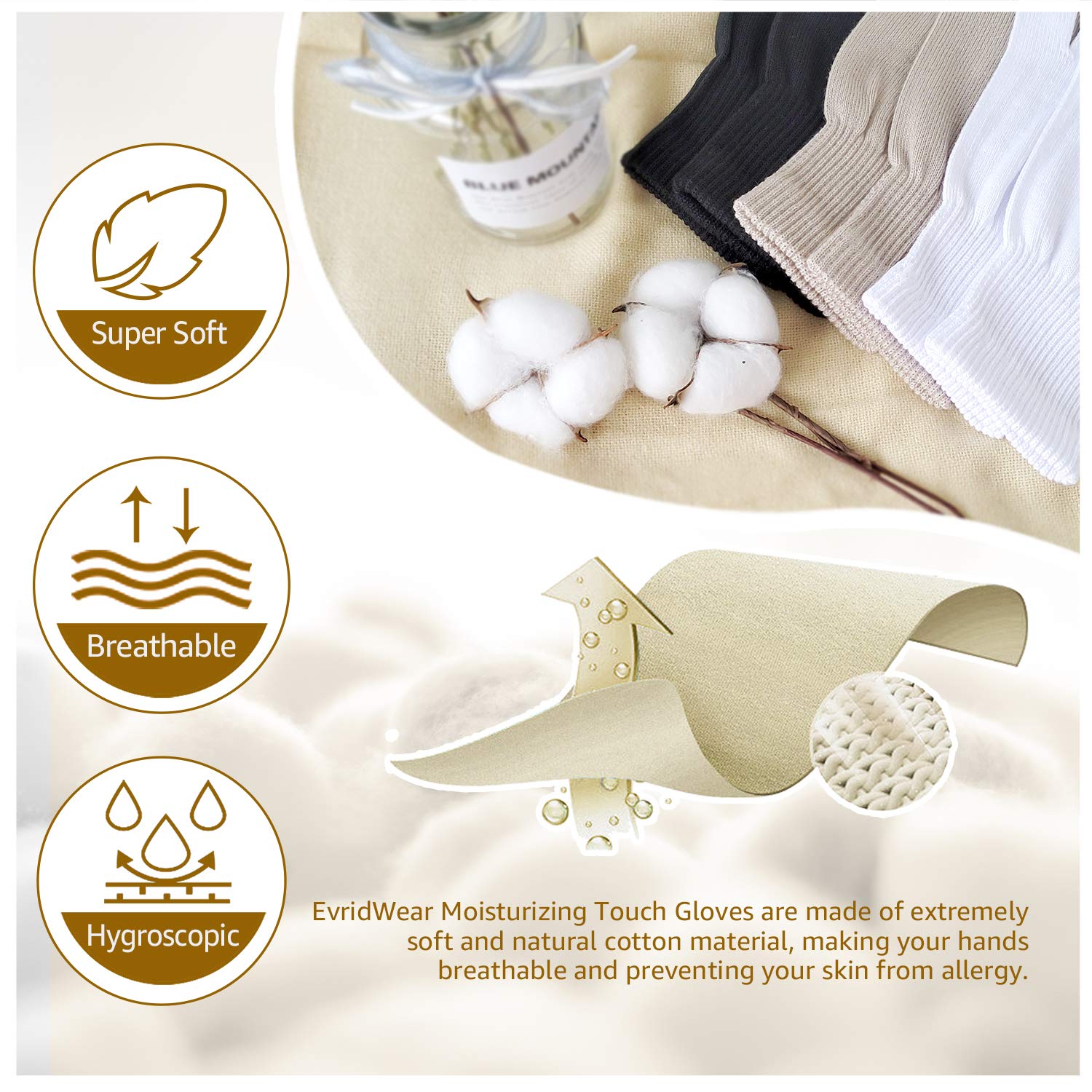 Evridwear guantes de algodón con textura suave para piel sensible y uso diario.