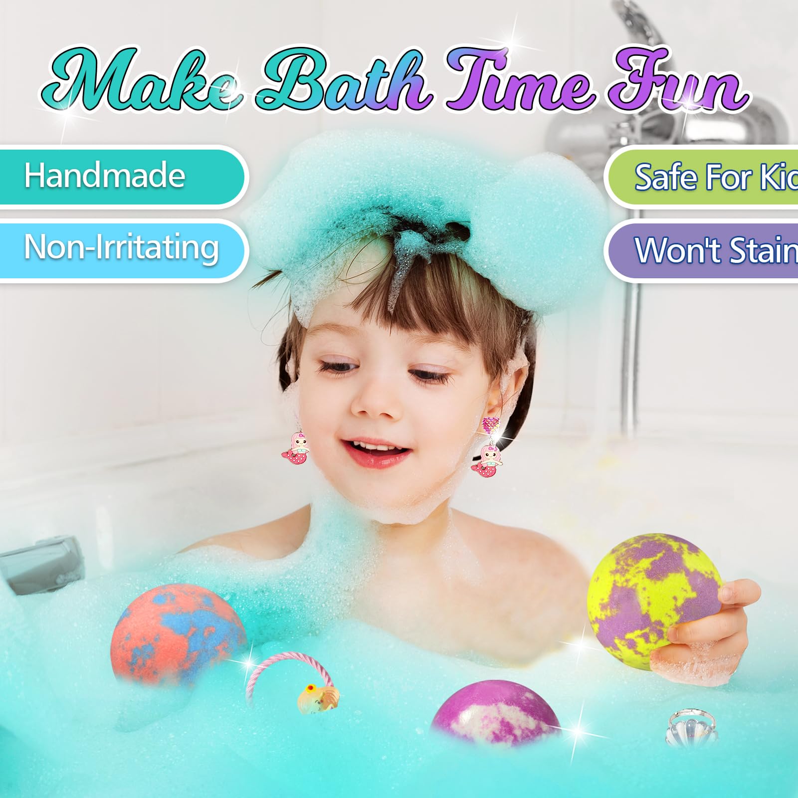 Excalla bomba baño colorida genera burbujas y una experiencia sensorial.