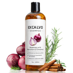 EXCALVO champú cebolla roja, botella vertiendo, posible impulso a cabello más denso.