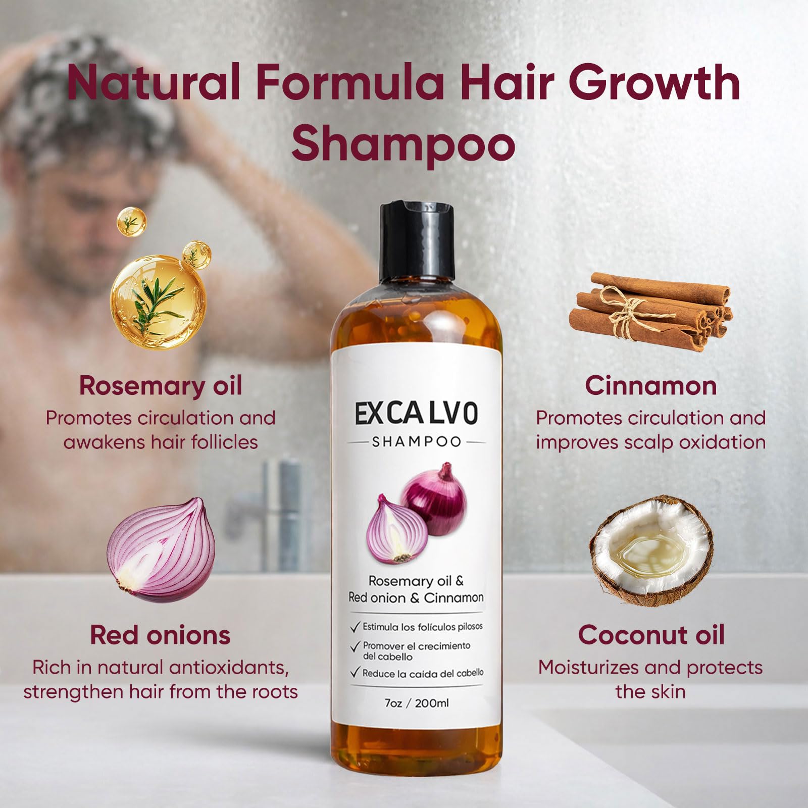 EXCALVO champú romero con gotas de aceite, experiencia aromática y revitalizante.