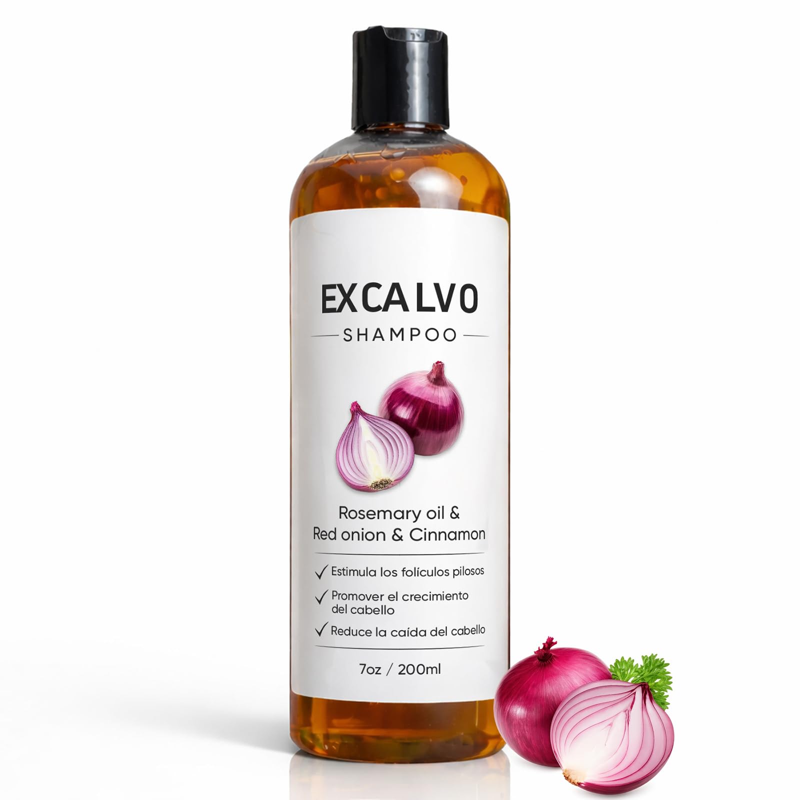 EXCALVO Shampoo Cebolla, botella visible para lavado suave del cuero cabelludo.