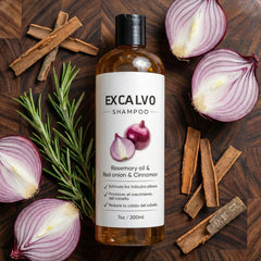 EXCALVO Shampoo Cebolla, cebolla roja destacada para aroma y vitalidad capilar.