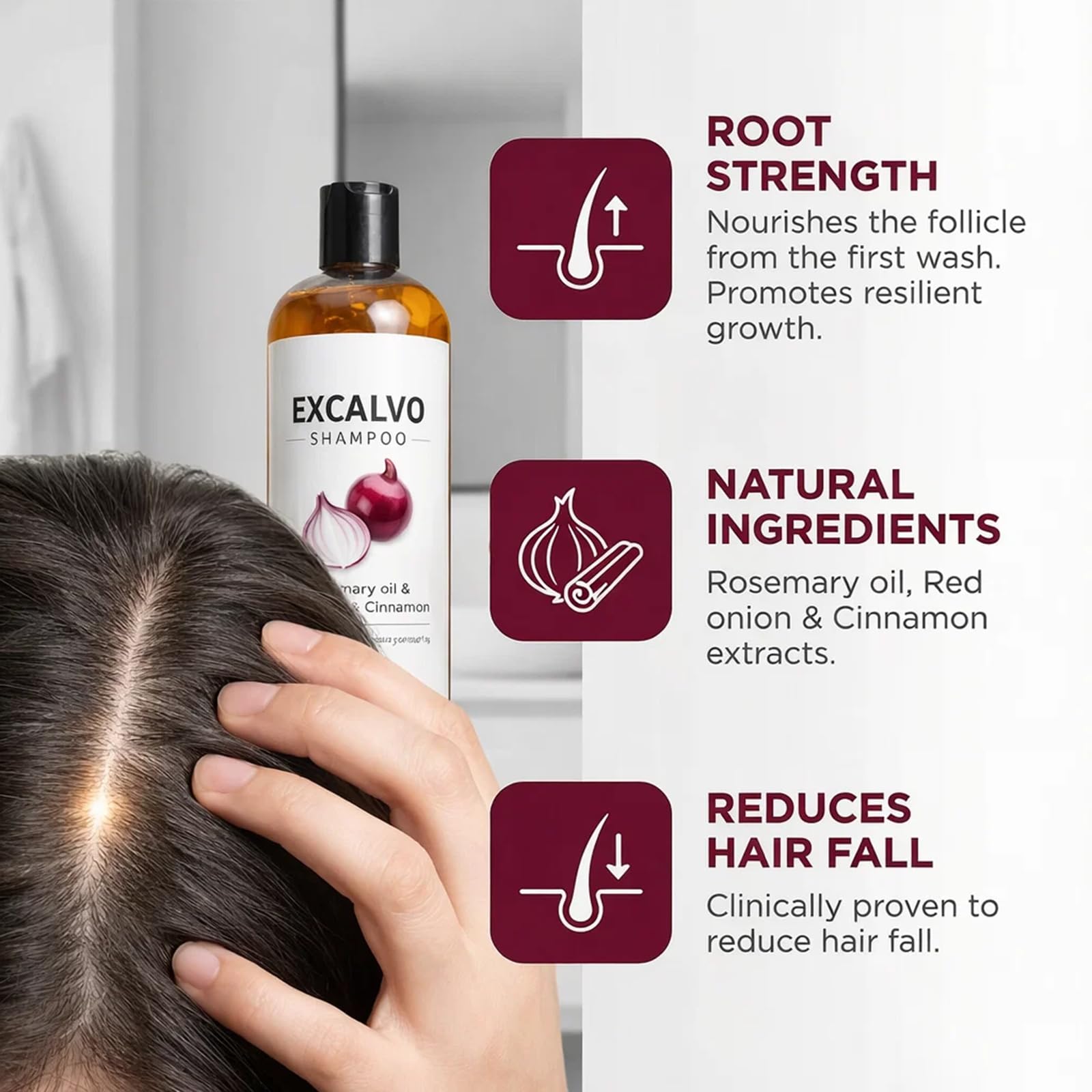 EXCALVO Shampoo Cebolla, espuma suave mostrando lavado diario.