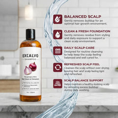 EXCALVO Shampoo Cebolla, romero promoviendo formulación aromática suave.