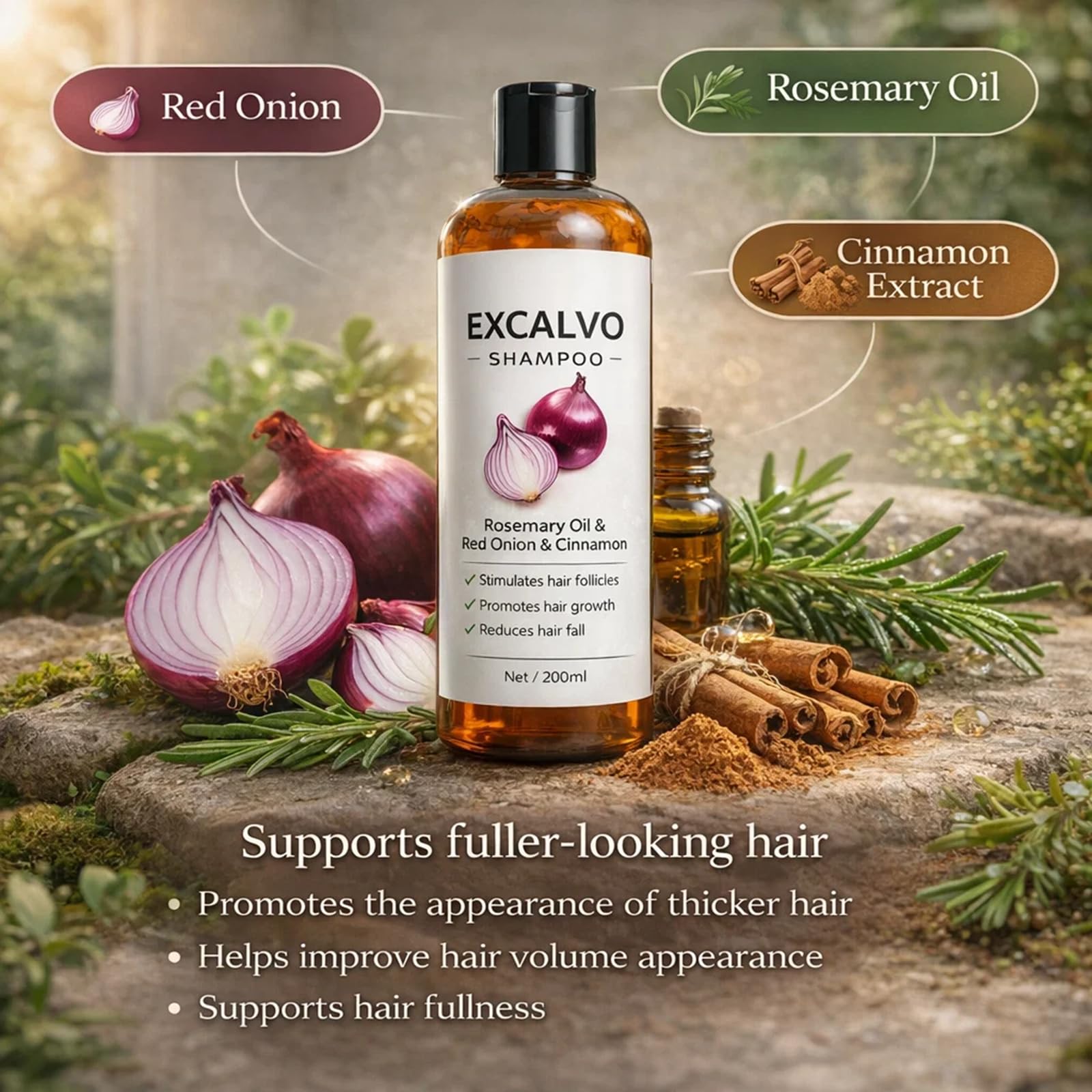 EXCALVO Shampoo Cebolla, rutina diaria para cabello más manejable.